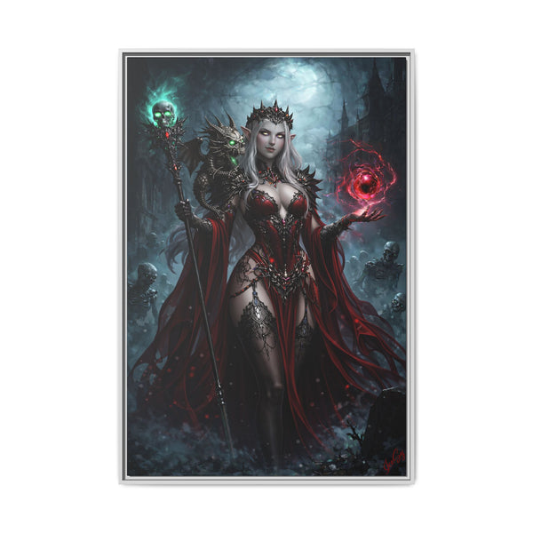Necromancer in Red with Hatchling Undead Dragon - Framed Canvas  Fantasy Wall Art