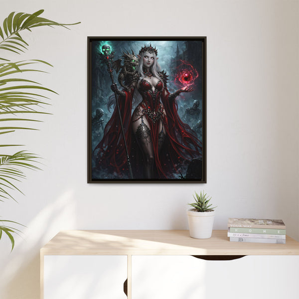 Necromancer in Red with Hatchling Undead Dragon - Framed Canvas  Fantasy Wall Art
