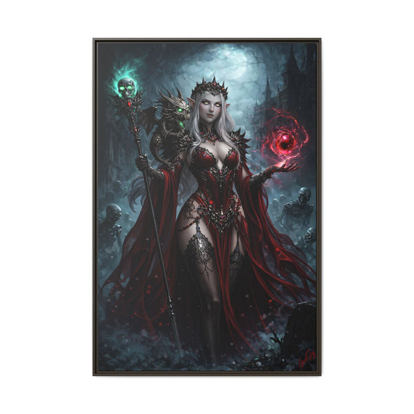 Necromancer in Red with Hatchling Undead Dragon - Framed Canvas  Fantasy Wall Art
