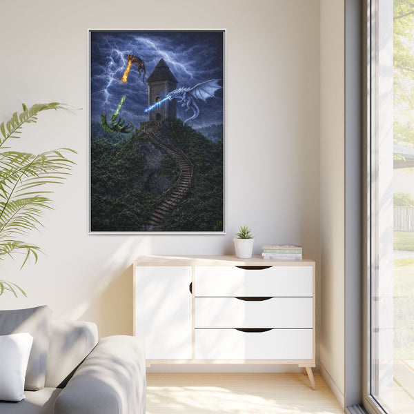 Dragon Tower Battle | Framed Fantasy Canvas Wall Art