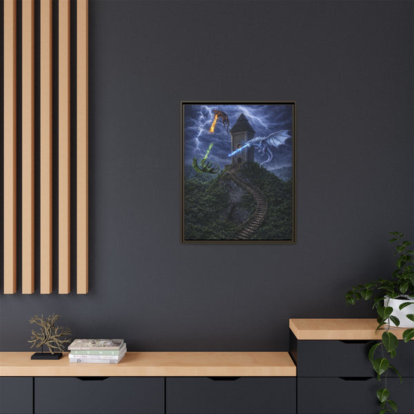 Dragon Tower Battle | Framed Fantasy Canvas Wall Art