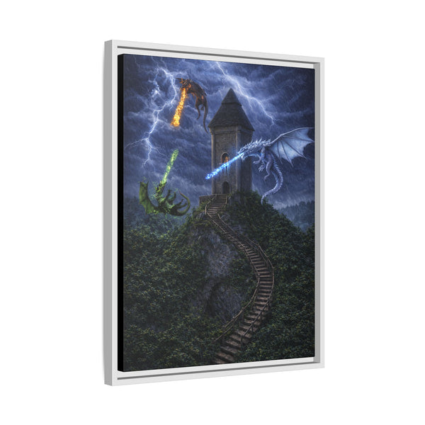 Dragon Tower Battle | Framed Fantasy Canvas Wall Art
