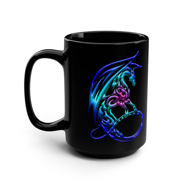 Celtic Neon Dragon - Blue / Aqua / Pink Ombre Dragon - 15oz Black Mug