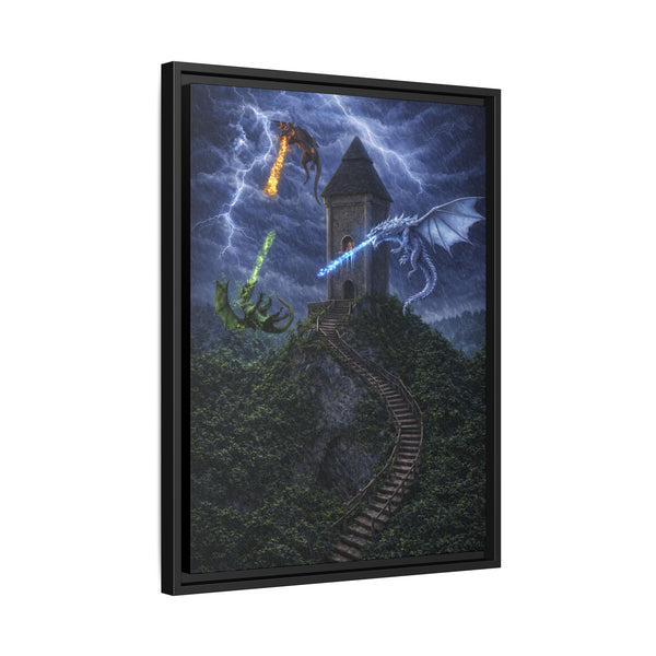 Dragon Tower Battle | Framed Fantasy Canvas Wall Art