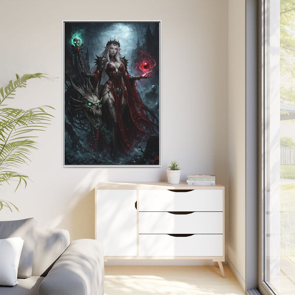 Necromancer in Red with Young Undead Dragon - Framed Canvas  Fantasy Wall Art