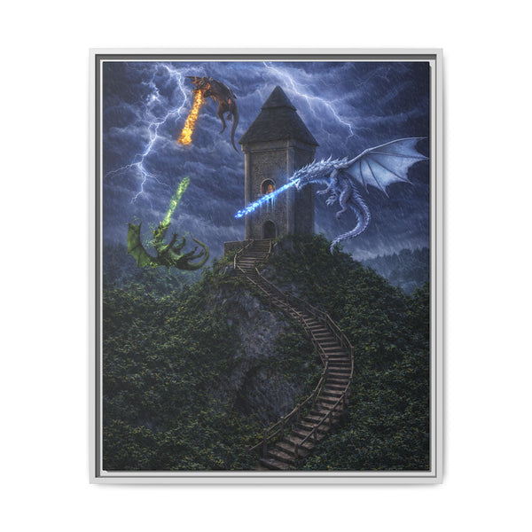 Dragon Tower Battle | Framed Fantasy Canvas Wall Art