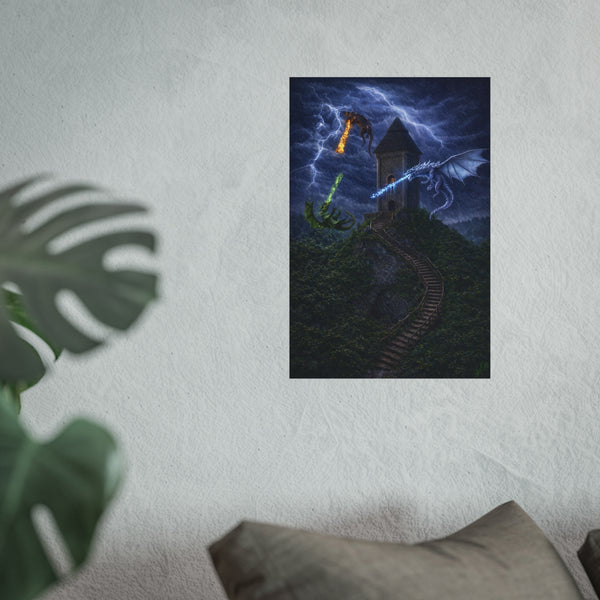 Dragon Tower Battle - 3D Rendered Fantasy Art Poster