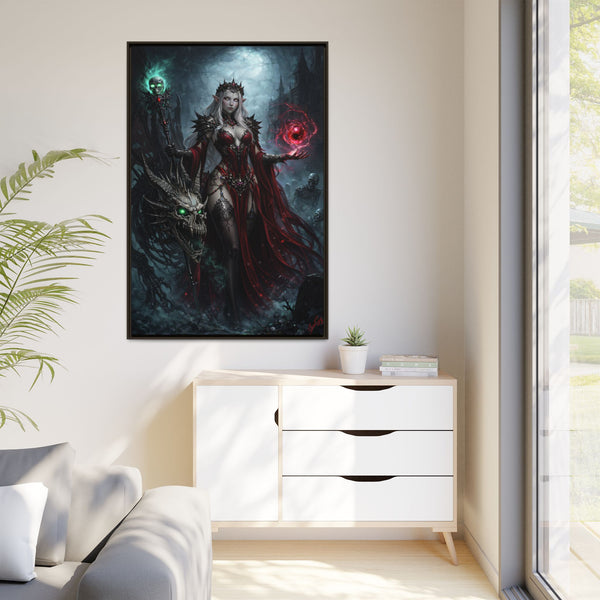 Necromancer in Red with Young Undead Dragon - Framed Canvas  Fantasy Wall Art