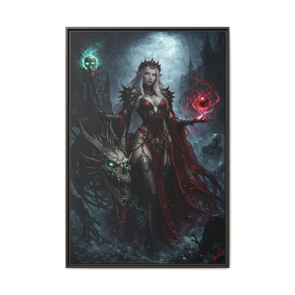 Necromancer in Red with Young Undead Dragon - Framed Canvas  Fantasy Wall Art