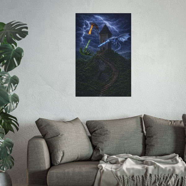Dragon Tower Battle - 3D Rendered Fantasy Art Poster
