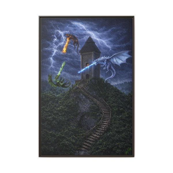 Dragon Tower Battle | Framed Fantasy Canvas Wall Art