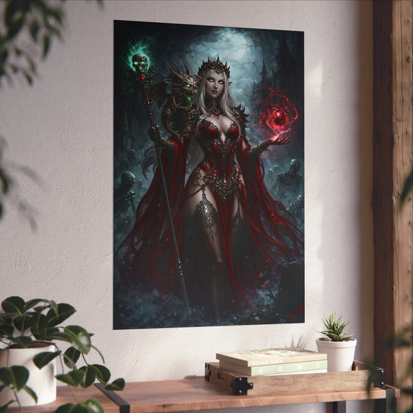 Necromancer in Red with Hatchling Undead Dragon - Fantasy Art Poster