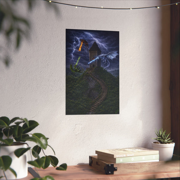 Dragon Tower Battle - 3D Rendered Fantasy Art Poster
