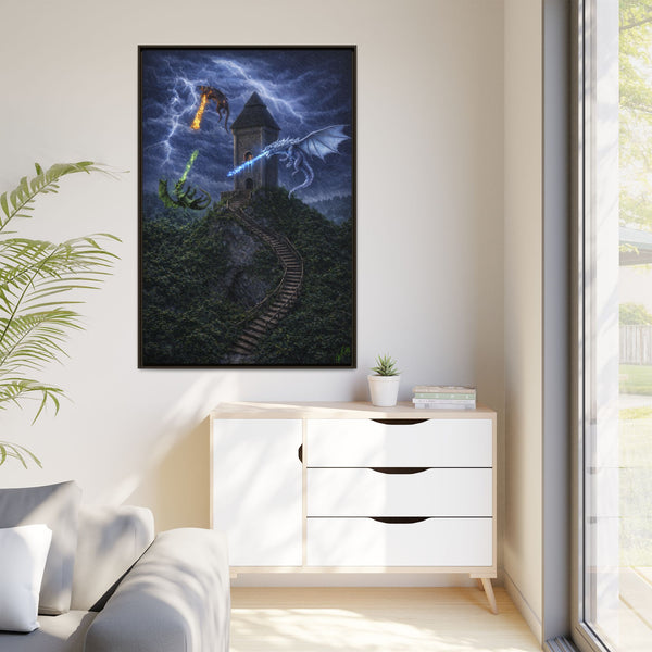 Dragon Tower Battle | Framed Fantasy Canvas Wall Art