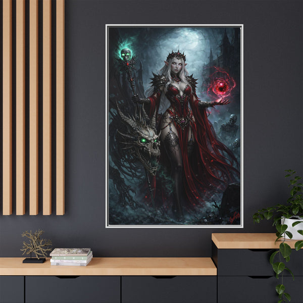 Necromancer in Red with Young Undead Dragon - Framed Canvas  Fantasy Wall Art