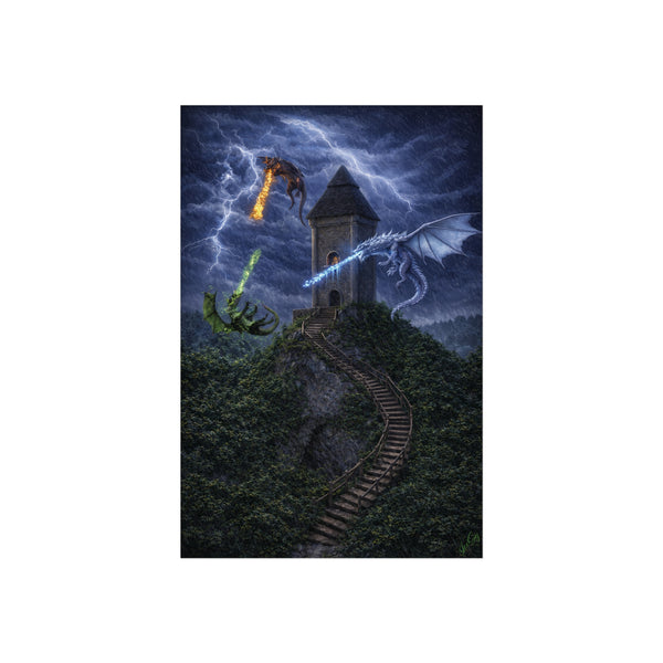 Dragon Tower Battle - 3D Rendered Fantasy Art Poster
