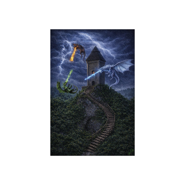 Dragon Tower Battle - 3D Rendered Fantasy Art Poster