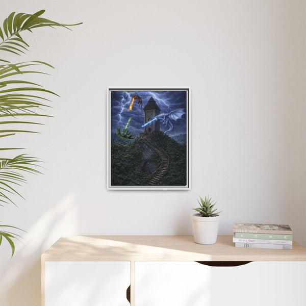 Dragon Tower Battle | Framed Fantasy Canvas Wall Art