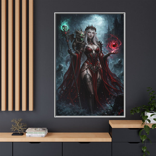 Necromancer in Red with Hatchling Undead Dragon - Framed Canvas  Fantasy Wall Art