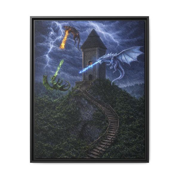Dragon Tower Battle | Framed Fantasy Canvas Wall Art