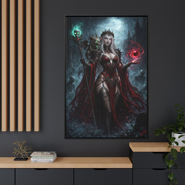 Necromancer in Red with Hatchling Undead Dragon - Framed Canvas  Fantasy Wall Art