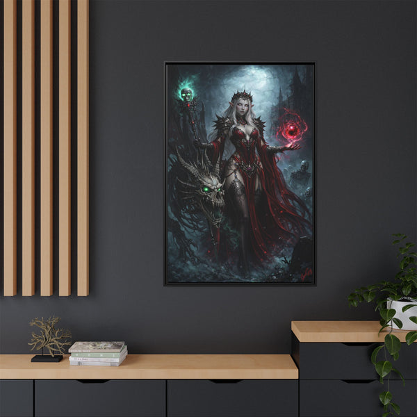 Necromancer in Red with Young Undead Dragon - Framed Canvas  Fantasy Wall Art