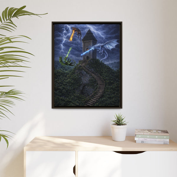 Dragon Tower Battle | Framed Fantasy Canvas Wall Art