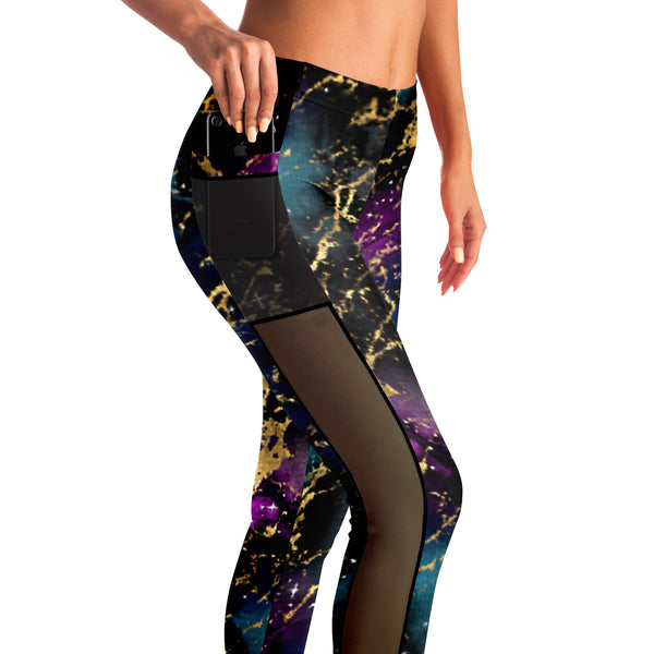 Marble Galaxy - Black Multi - Pocketed Mesh Yoga Leggings