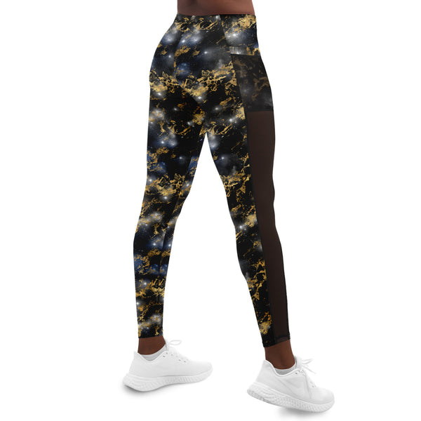 Galaxy Marble - Black / Gold - Pocketed Mesh Yoga Leggings