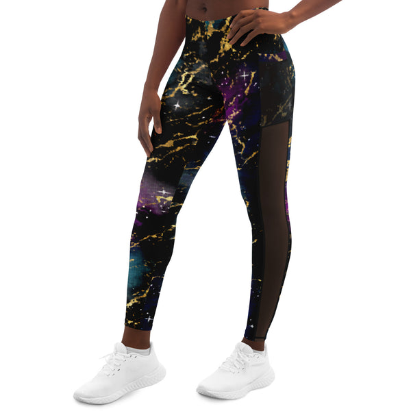 Marble Galaxy - Black Multi - Pocketed Mesh Yoga Leggings