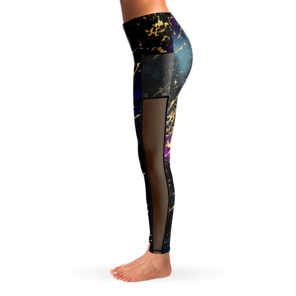 Marble Galaxy - Black Multi - Pocketed Mesh Yoga Leggings