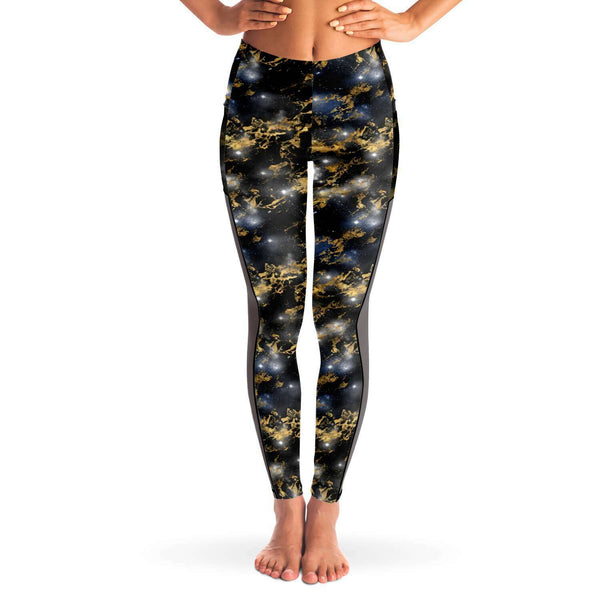 Galaxy Marble - Black / Gold - Pocketed Mesh Yoga Leggings