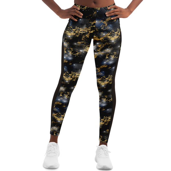Galaxy Marble - Black / Gold - Pocketed Mesh Yoga Leggings