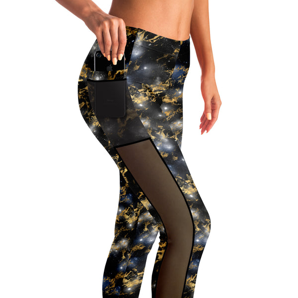 Galaxy Marble - Black / Gold - Pocketed Mesh Yoga Leggings