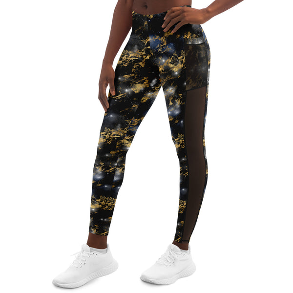 Galaxy Marble - Black / Gold - Pocketed Mesh Yoga Leggings