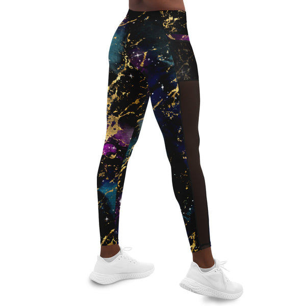 Marble Galaxy - Black Multi - Pocketed Mesh Yoga Leggings