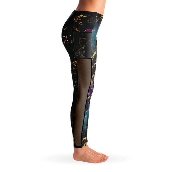 Marble Galaxy - Black Multi - Pocketed Mesh Yoga Leggings