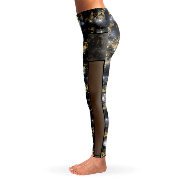 Galaxy Marble - Black / Gold - Pocketed Mesh Yoga Leggings
