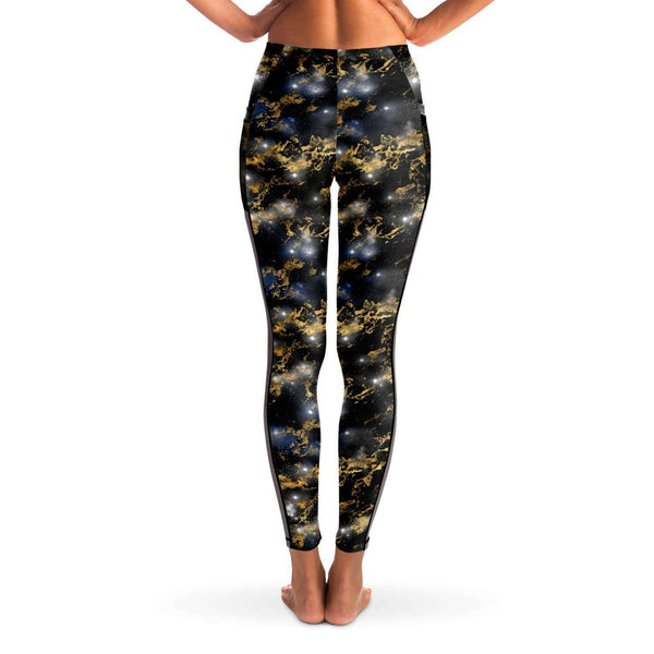 Galaxy Marble - Black / Gold - Pocketed Mesh Yoga Leggings