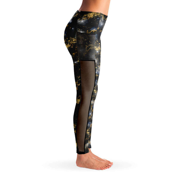 Galaxy Marble - Black / Gold - Pocketed Mesh Yoga Leggings