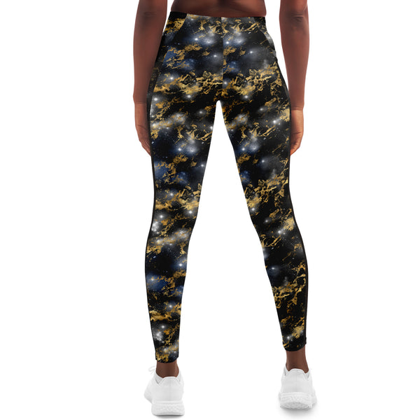 Galaxy Marble - Black / Gold - Pocketed Mesh Yoga Leggings