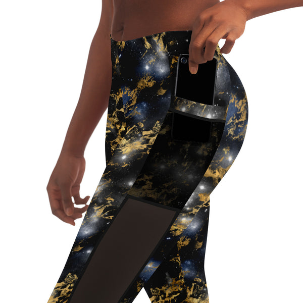 Galaxy Marble - Black / Gold - Pocketed Mesh Yoga Leggings